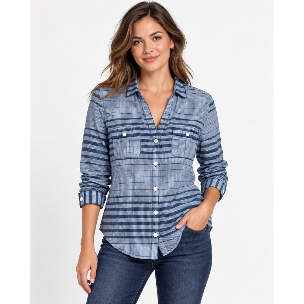 Columbia Women Blue Striped Long Sleeve Button Down Shirt XL Pockets Hiking